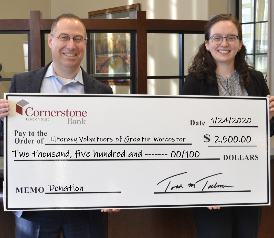 GoLocalWorcester Cornerstone Bank Donates 5K to Literacy Volunteers